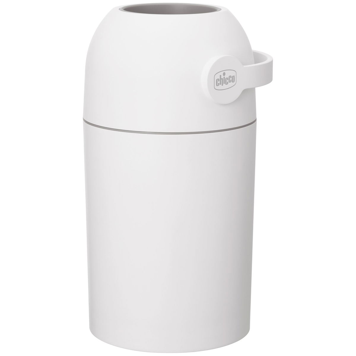 Ein weißer Windeleimer der Marke Chicco mit geruchsdichtem Verschluss.