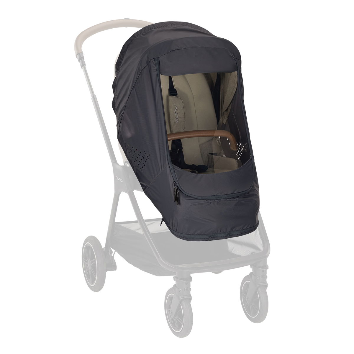 Kinderwagen mit montiertem transparentem Windschutz