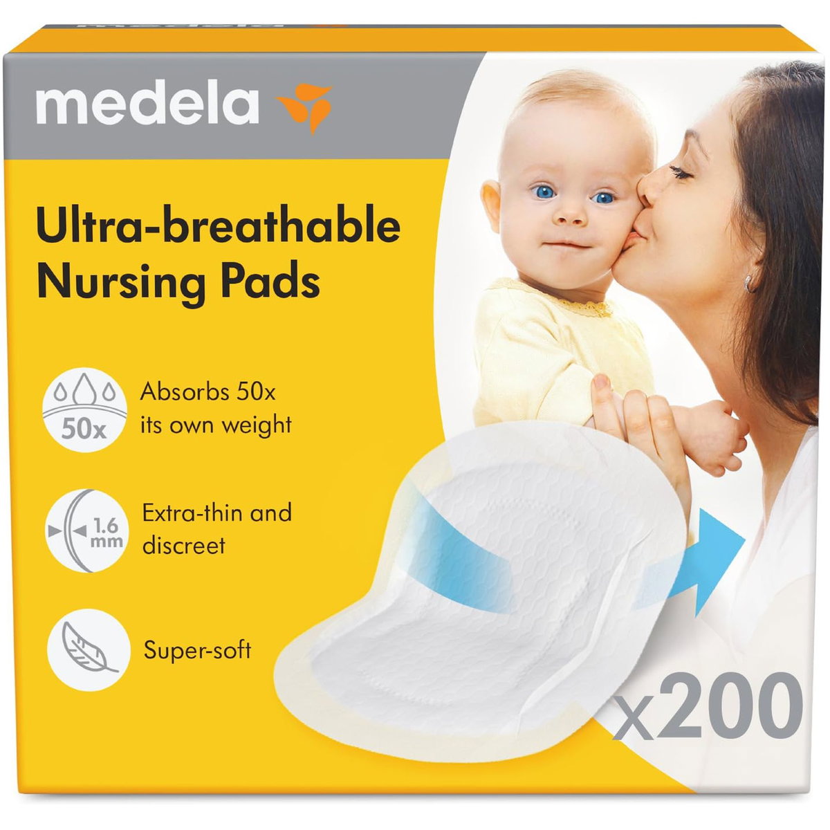 Verpackung mit gelber und weisser Gestaltung, darauf eine Frau, die ein Baby h&auml;lt und k&uuml;sst, mit einer grossen Abbildung einer Einweg-Stilleinlage und Symbolen zu Eigenschaften wie Saugf&auml;higkeit und Weichheit. Enth&auml;lt 200 St&uuml;ck.