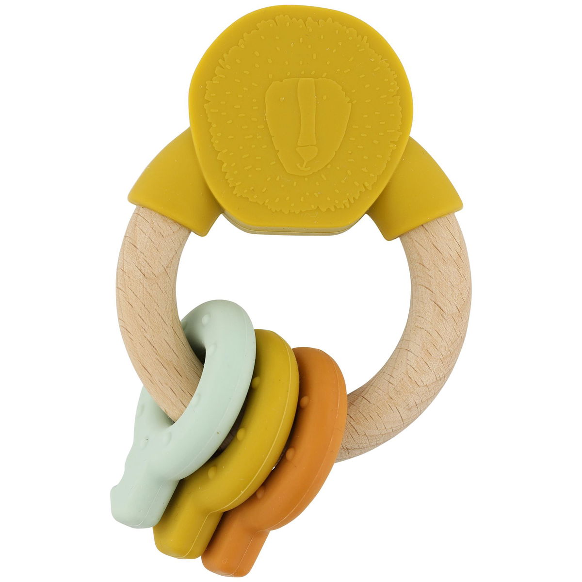 Runder Holzgreifling mit bunten Silikonanhängern und Löwenko