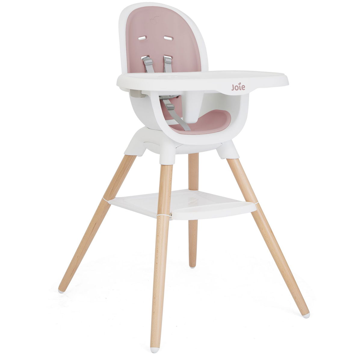 Moderner Hochstuhl mit stabilen Holzbeinen und rosafarbener Sitzfl&auml;che f&uuml;r Babys