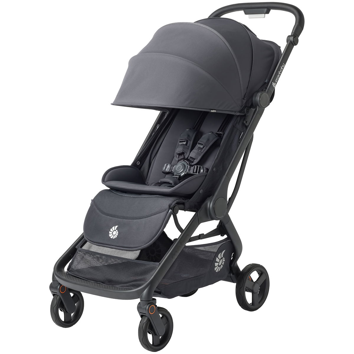 Schwarzer Buggy mit Verdeck, Sitz und Einkaufskorb