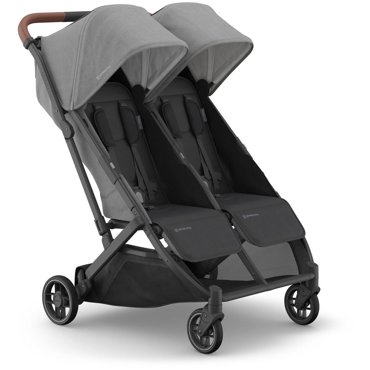 Doppelter Kinderwagen, ideal für Zwillinge, mit grauen Stoffen und verstellbaren Sonnendächern