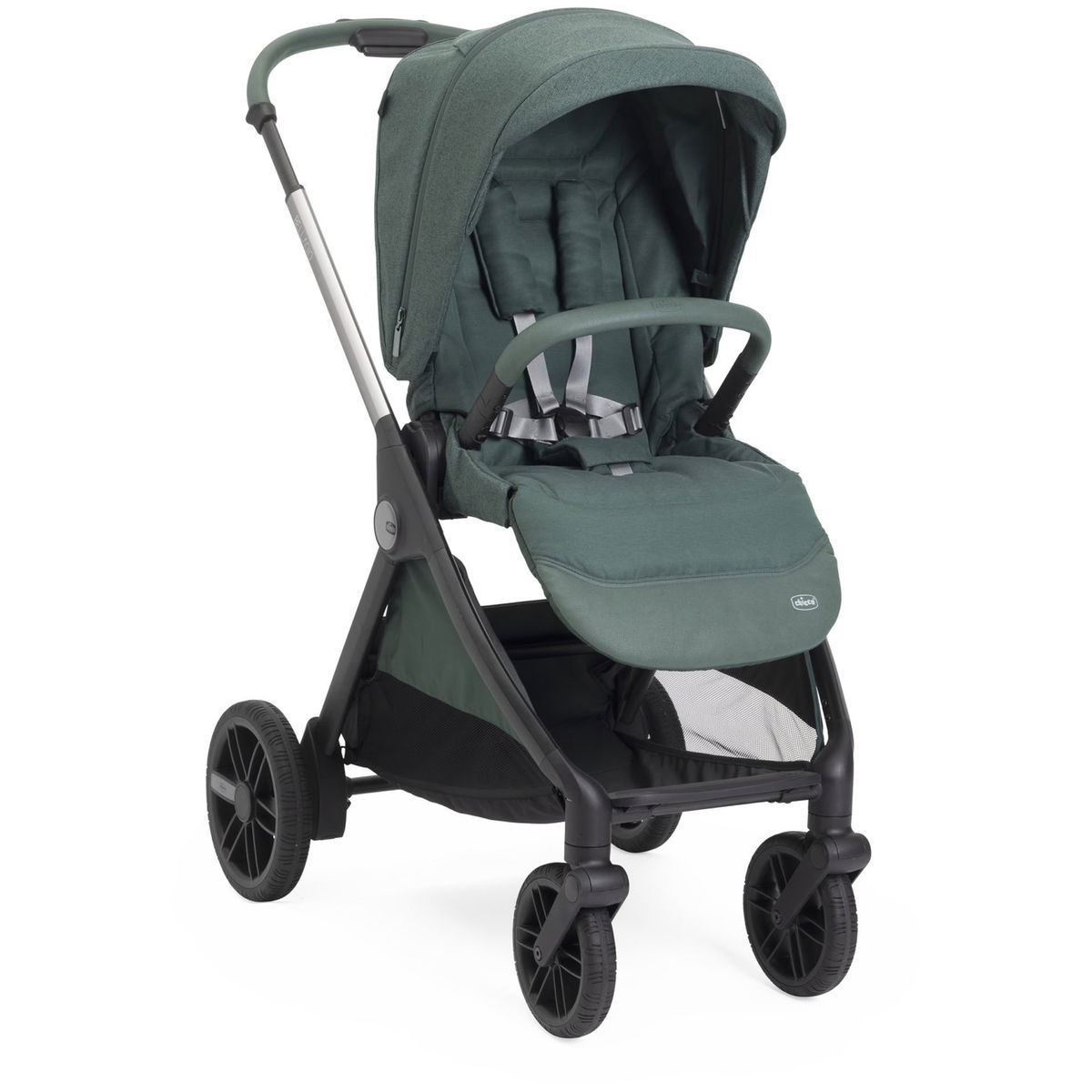 Abgebildet ist ein moderner, dunkelgrüner Kinderwagen mit Ve