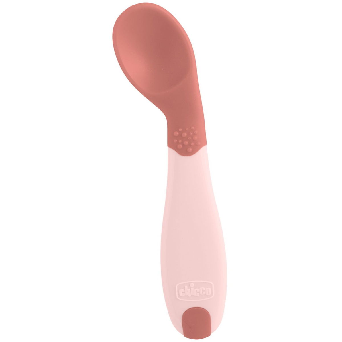 Rosa Löffel mit leicht gebogenem Griff auf weissem Hintergru