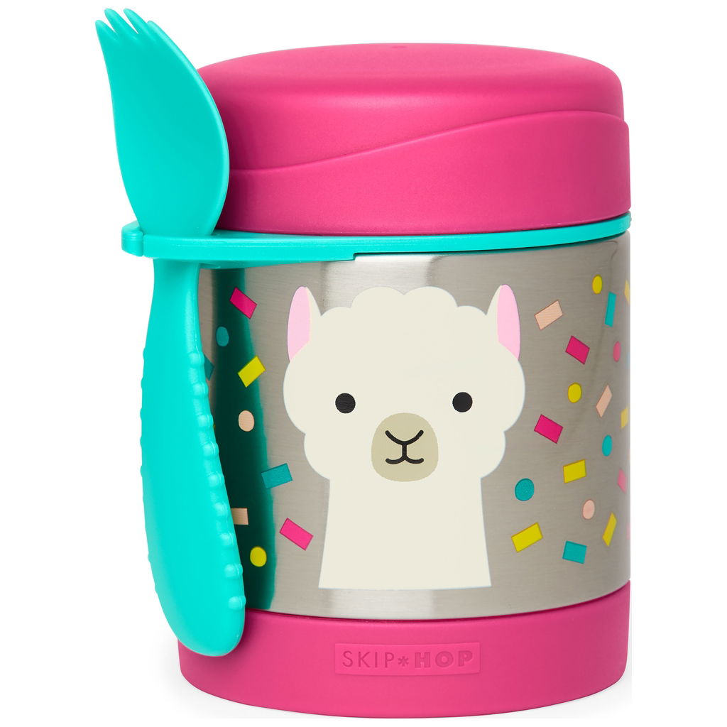 Bunte Lunchbox mit Lama-Motiv und türkisfarbenem Besteck