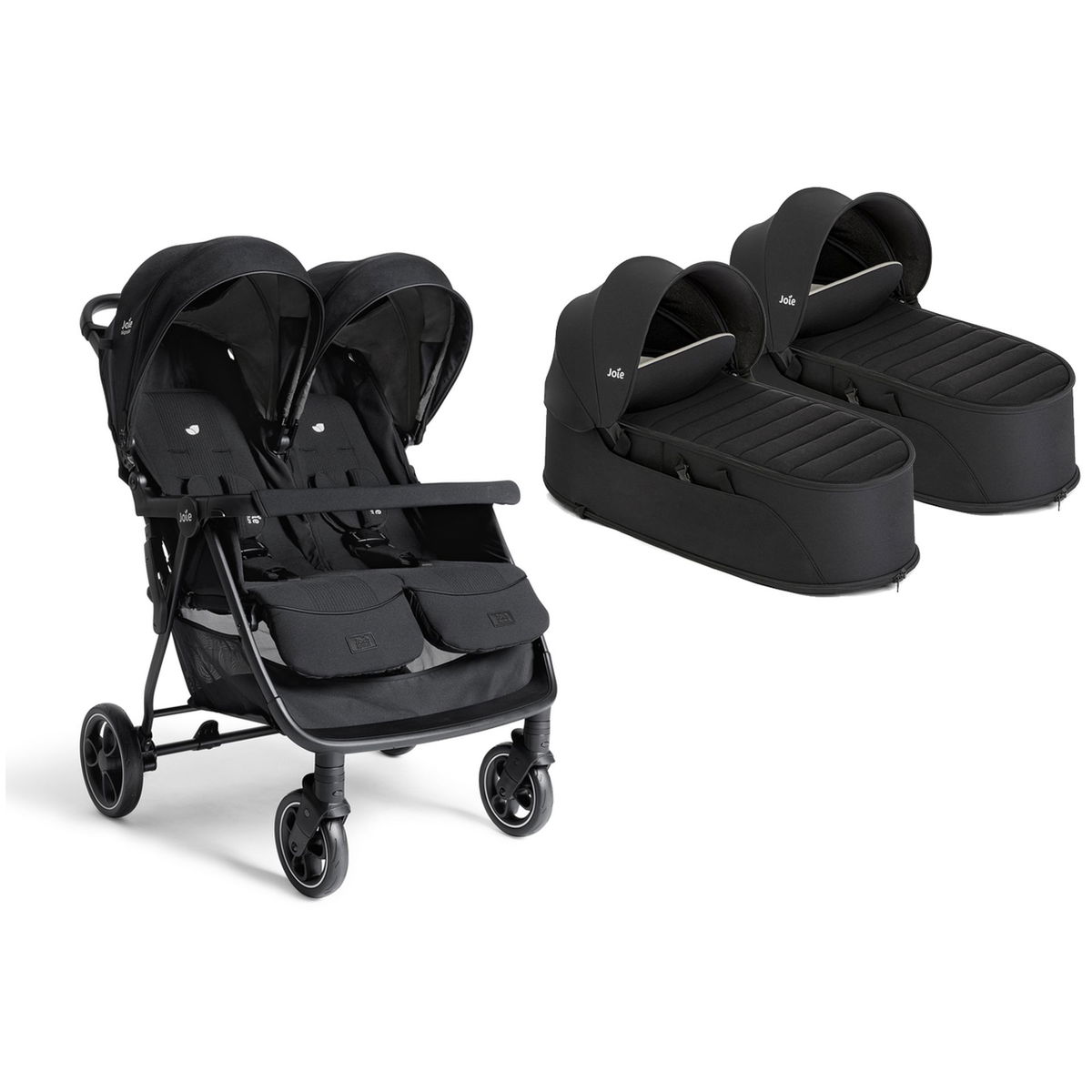 Zwillingskinderwagen mit zwei schwarzen Babywannen nebeneina