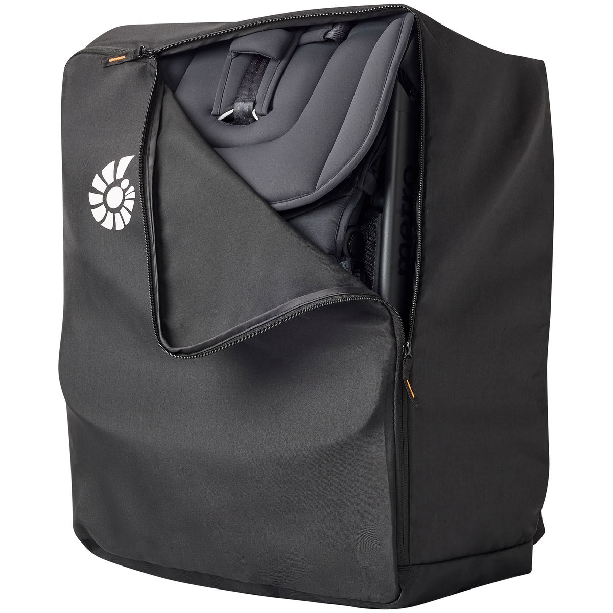 Schwarzer Tragerucksack mit sichtbarem Kinderwagen, offen