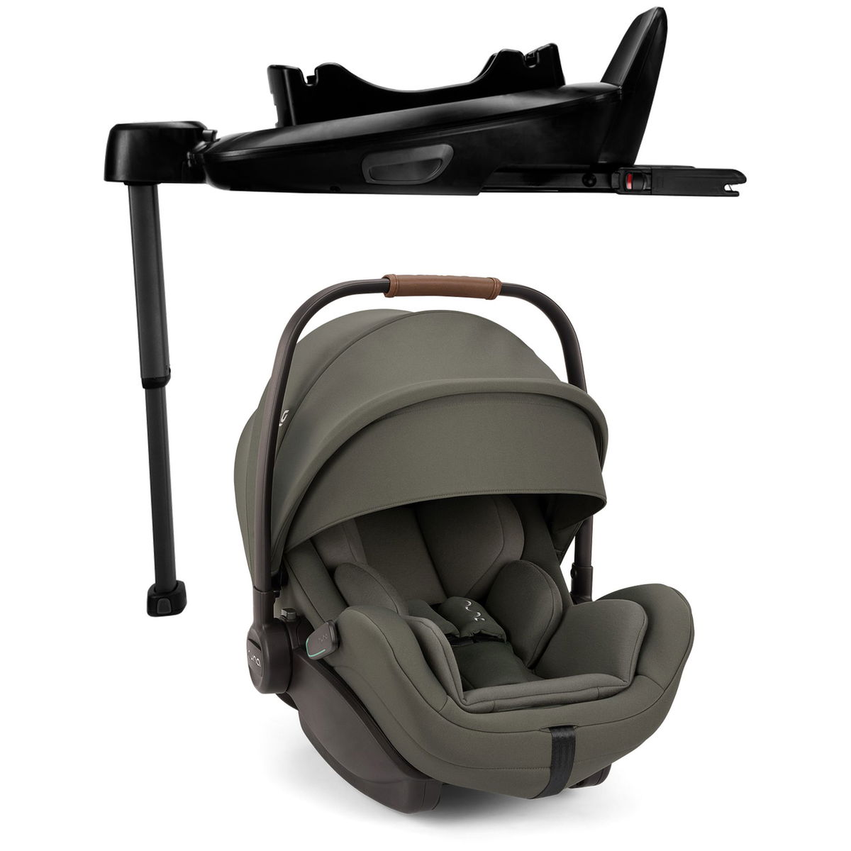 Babyschale mit Sonnenverdeck und Base mit Stützfuss abgebild