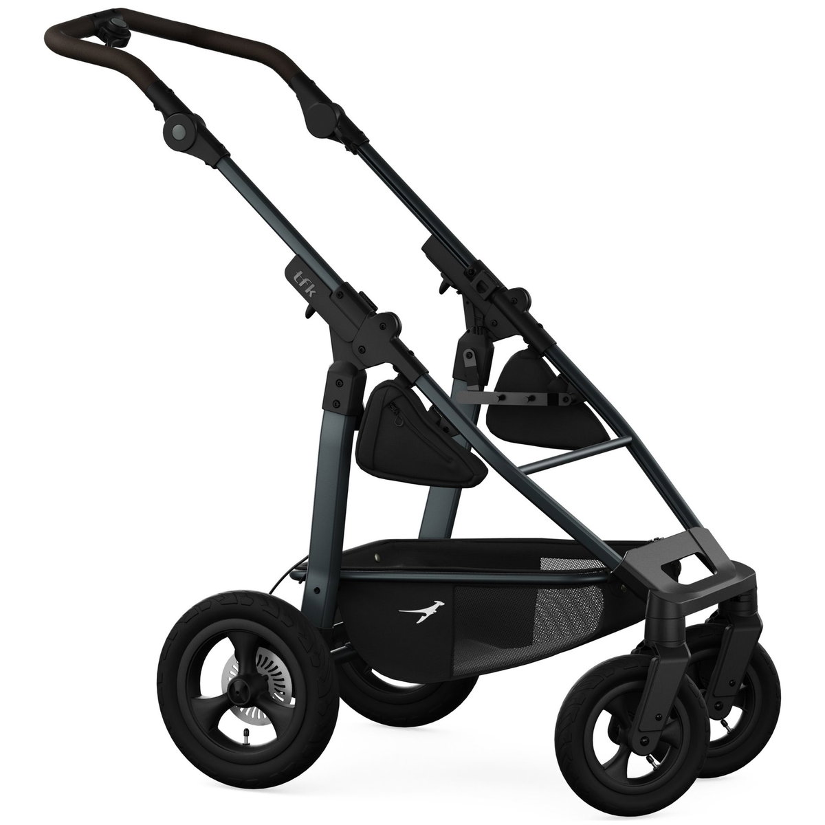 Schwarzes Kinderwagen-Fahrgestell mit vier Lufträdern und Ko