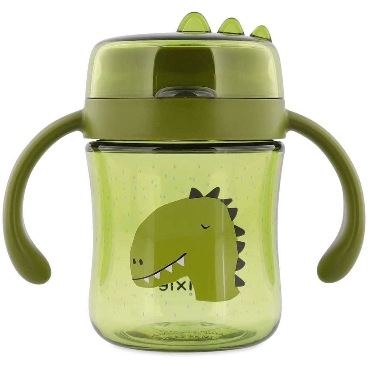 Grüne Trinklern-Tasse mit Deckel, zwei Henkeln und Dinosaurier-Motiv auf der Vorderseite