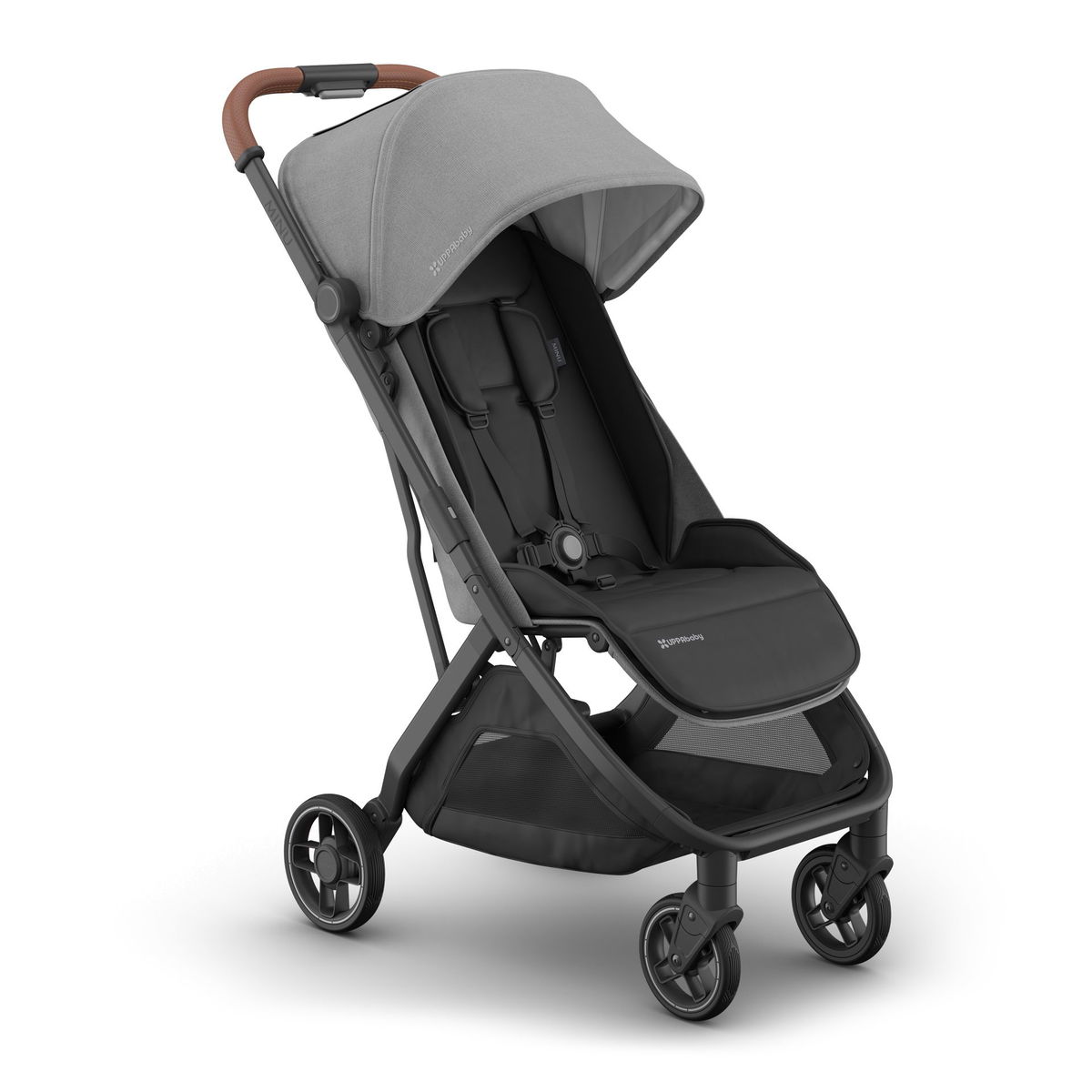 Grauer Kinderwagen mit schwarzem Sitz und Sonnenschutz