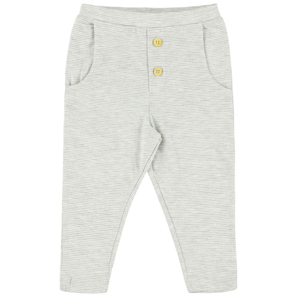 Hellgraue Babyhose mit feinen Streifen, Taschen und zwei Knö