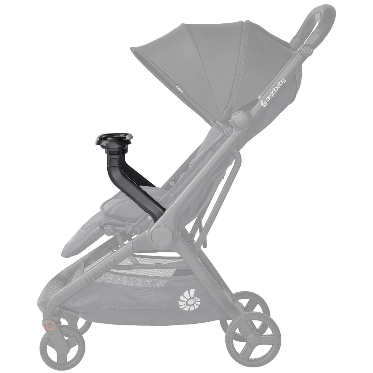 Schwarzes Snacktablett an einem Kinderwagen befestigt
