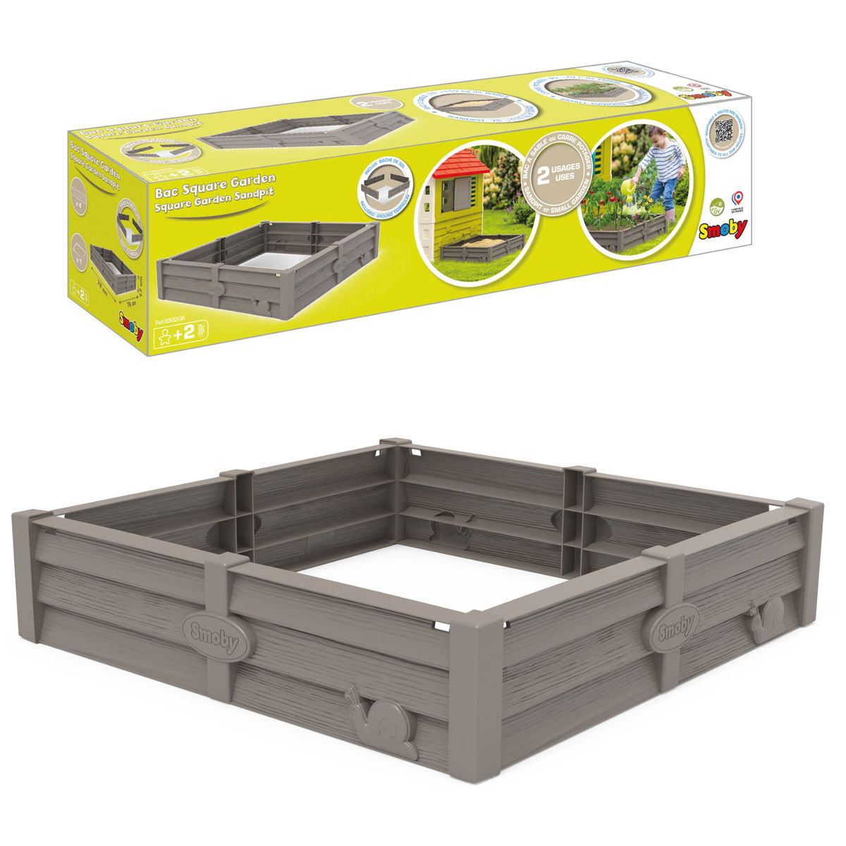 Bac Carré Smoby Square Garden - 76x76cm - Bac à Sable Ou Potager Enfant - 100% Plastique Recyclé