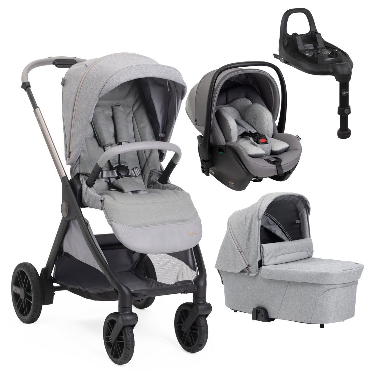 Komplettes Kinderwagen Set in Grau mit Babyschale, Wanne und