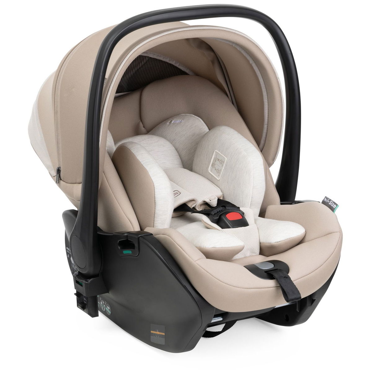 Beigefarbene Babyschale mit Sonnenschutz und Sicherheitsgurt