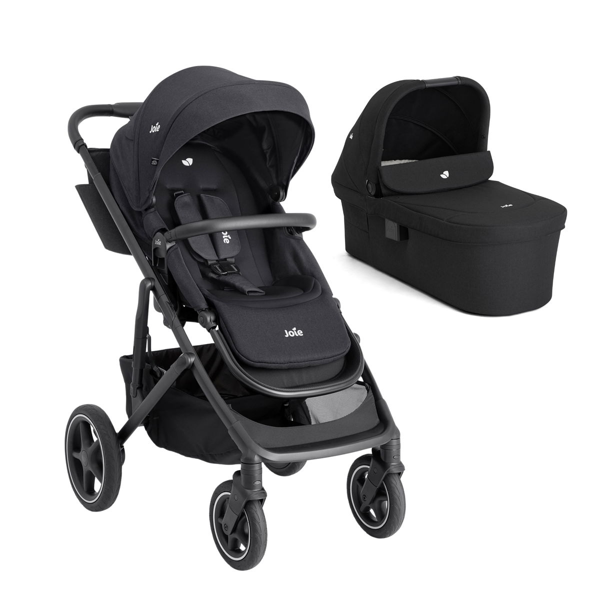 Schwarzer Kinderwagen mit separater Babywanne auf weissem Hi