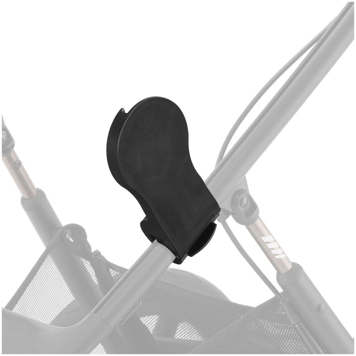 Schwarzer Adapter an einem Kinderwagenrahmen montiert