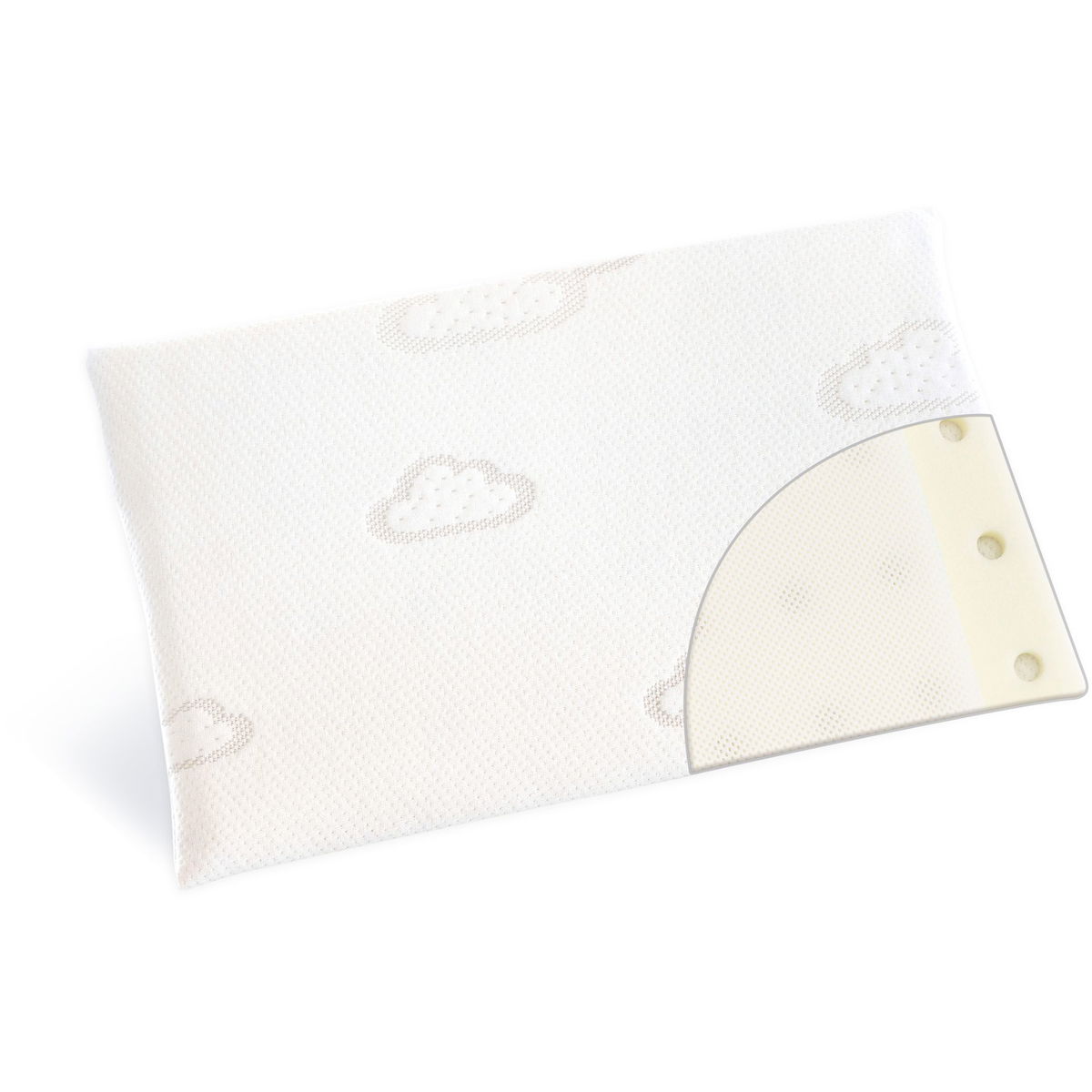 Weisses Babykopfkissen mit Wolkenmotiv und sichtbarem Innenm
