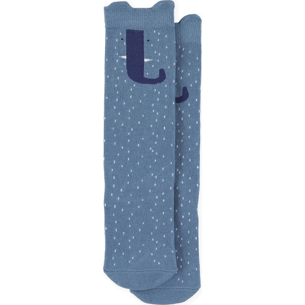 Ein Paar blaue Kindersocken mit weissen Punkten und Tiermoti