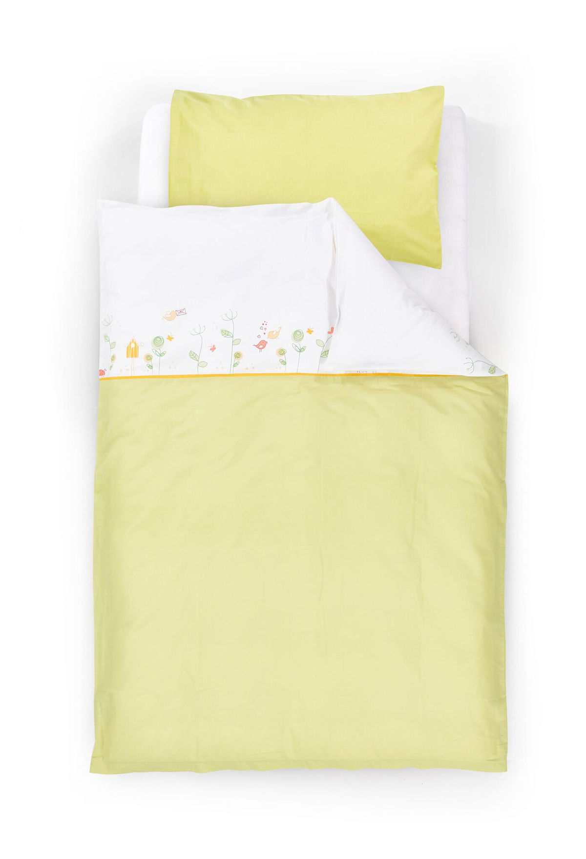 Babybettw&auml;sche mit gr&uuml;nem Bezug und weissem Blumenmuster