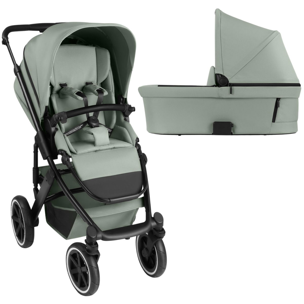 Grüner Kinderwagen mit Sportsitz und separater Babywanne