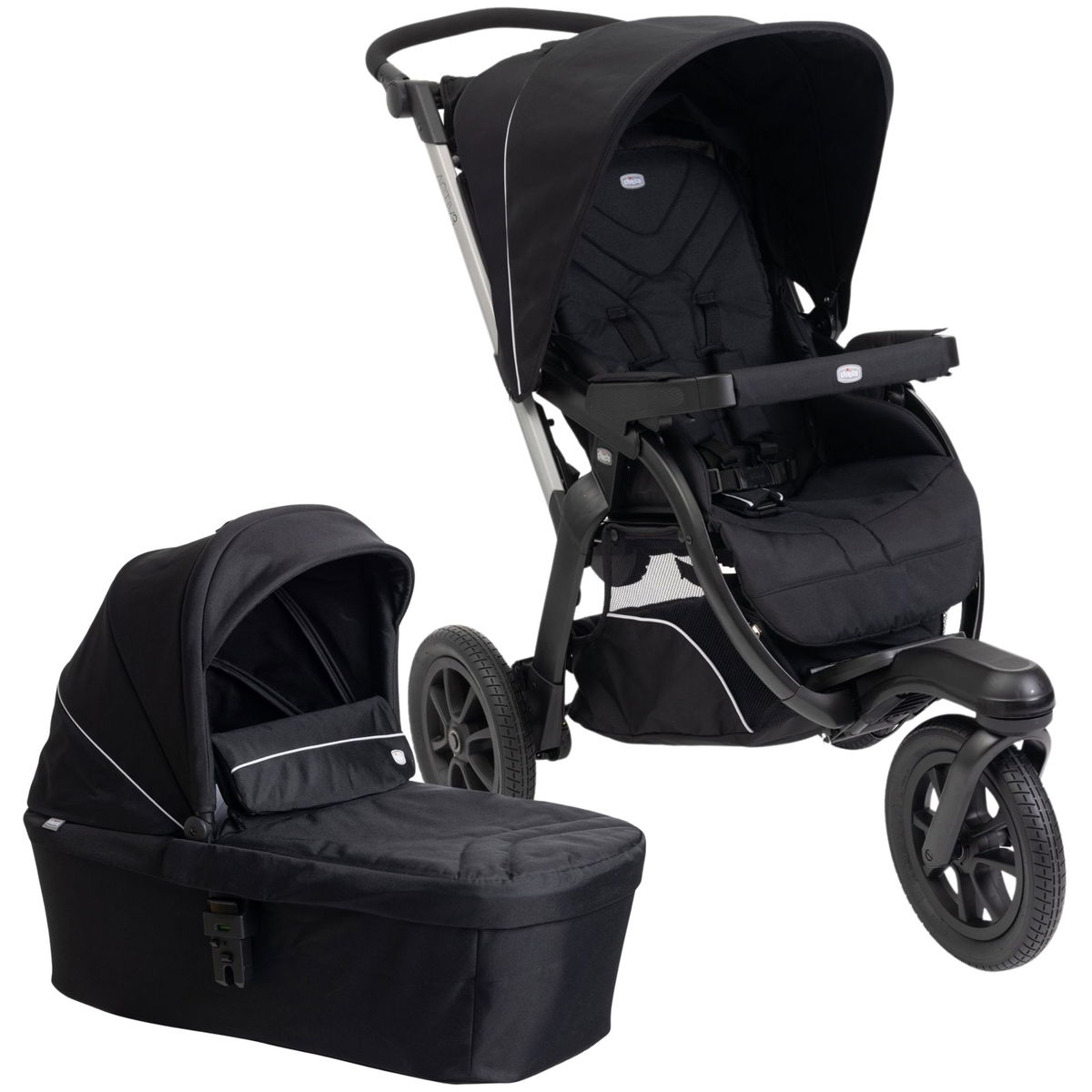 Schwarzer Kinderwagen mit Sportsitz und separater Babywanne