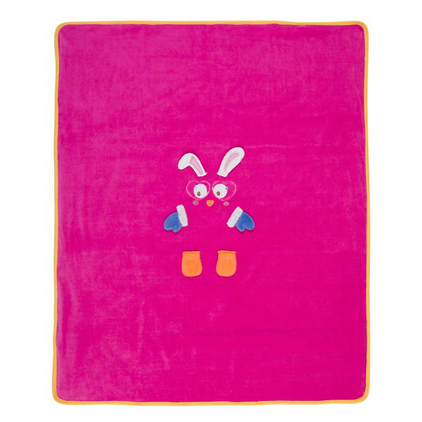 Pinkfarbene Babydecke mit buntem Hasenmotiv in der Mitte