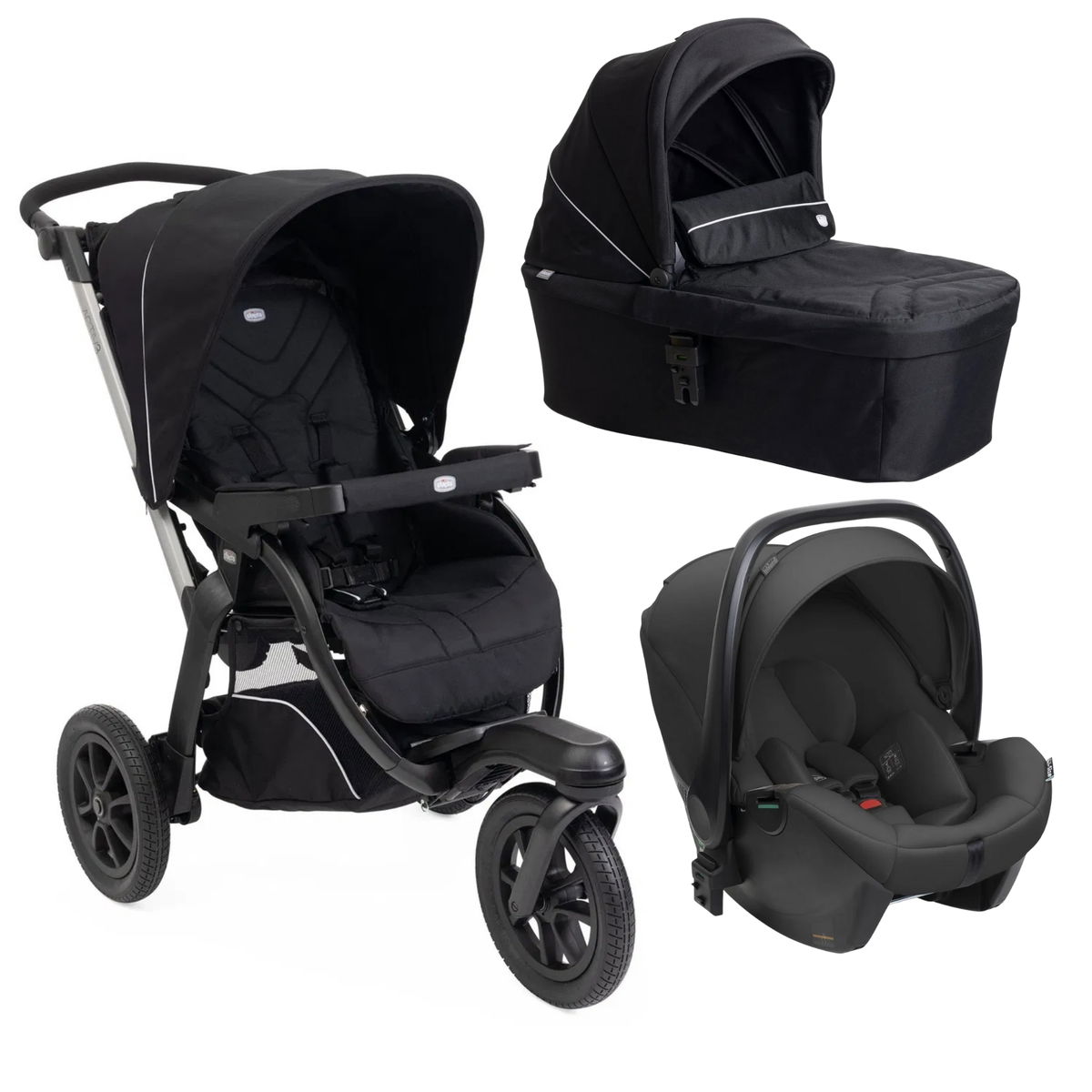 Schwarzer Kinderwagen, Babywanne und Babyschale im Set