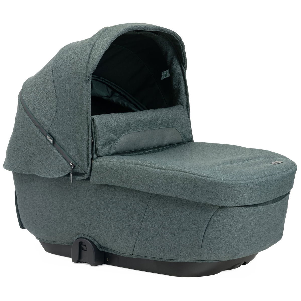 Grau-grüne Babywanne mit Verdeck, seitliche Ansicht