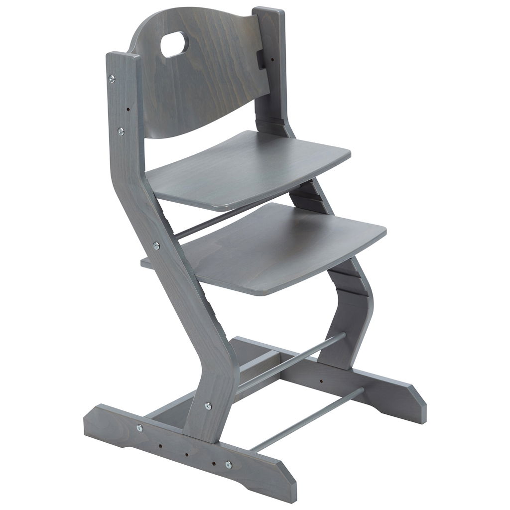 Grauer, verstellbarer Hochstuhl aus Holz mit Fussstütze