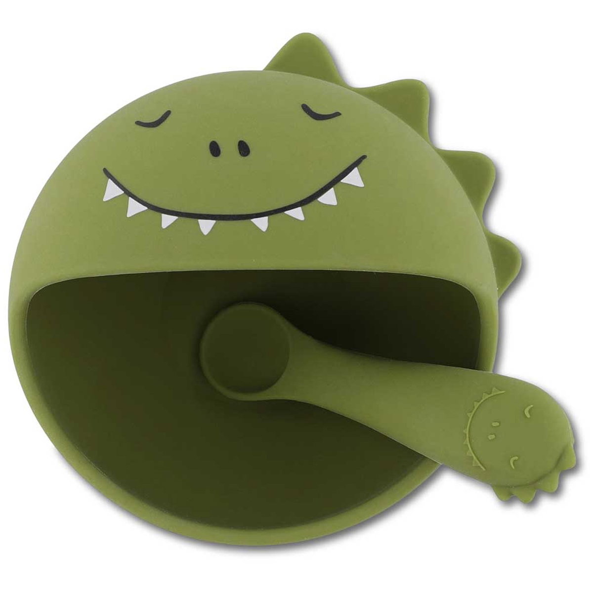 Grüne Silikonschale für Kinder in Form eines Dinosaurierkopfes, mit passenden Löffel, beide mit fröhlichem Gesicht verziert, auf weissem Hintergrund dargestellt.