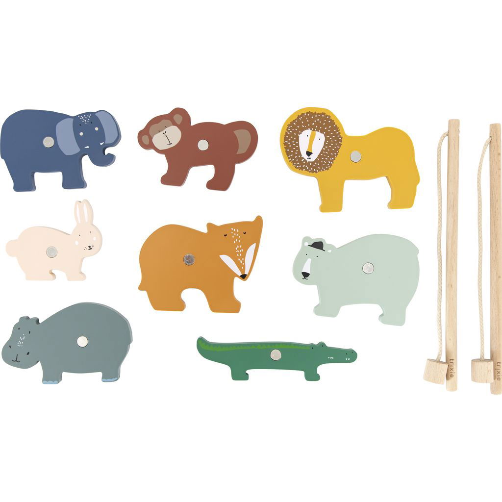 Neun bunte Holztier-Figuren und zwei Holzangelstäbe mit Kord