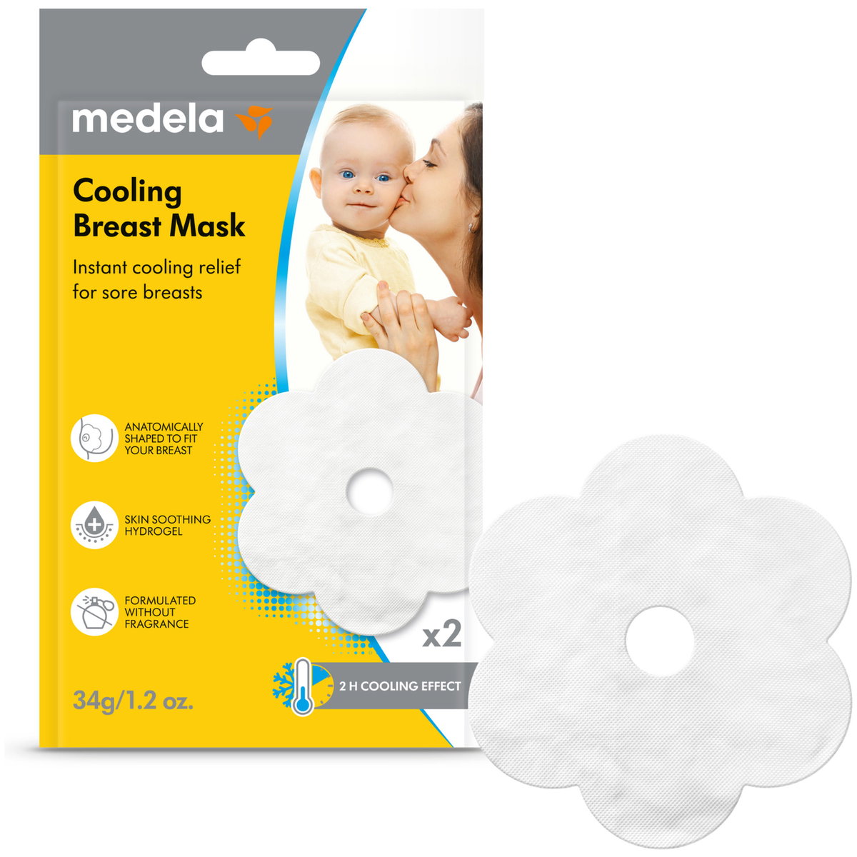 Verpackung einer k&uuml;hlenden Brustmaske mit blumenf&ouml;rmigem Pad sowie Abbildungen einer Mutter mit Baby auf gelbem Hintergrund, Produkt zur Pflege empfindlicher oder schmerzender Br&uuml;ste