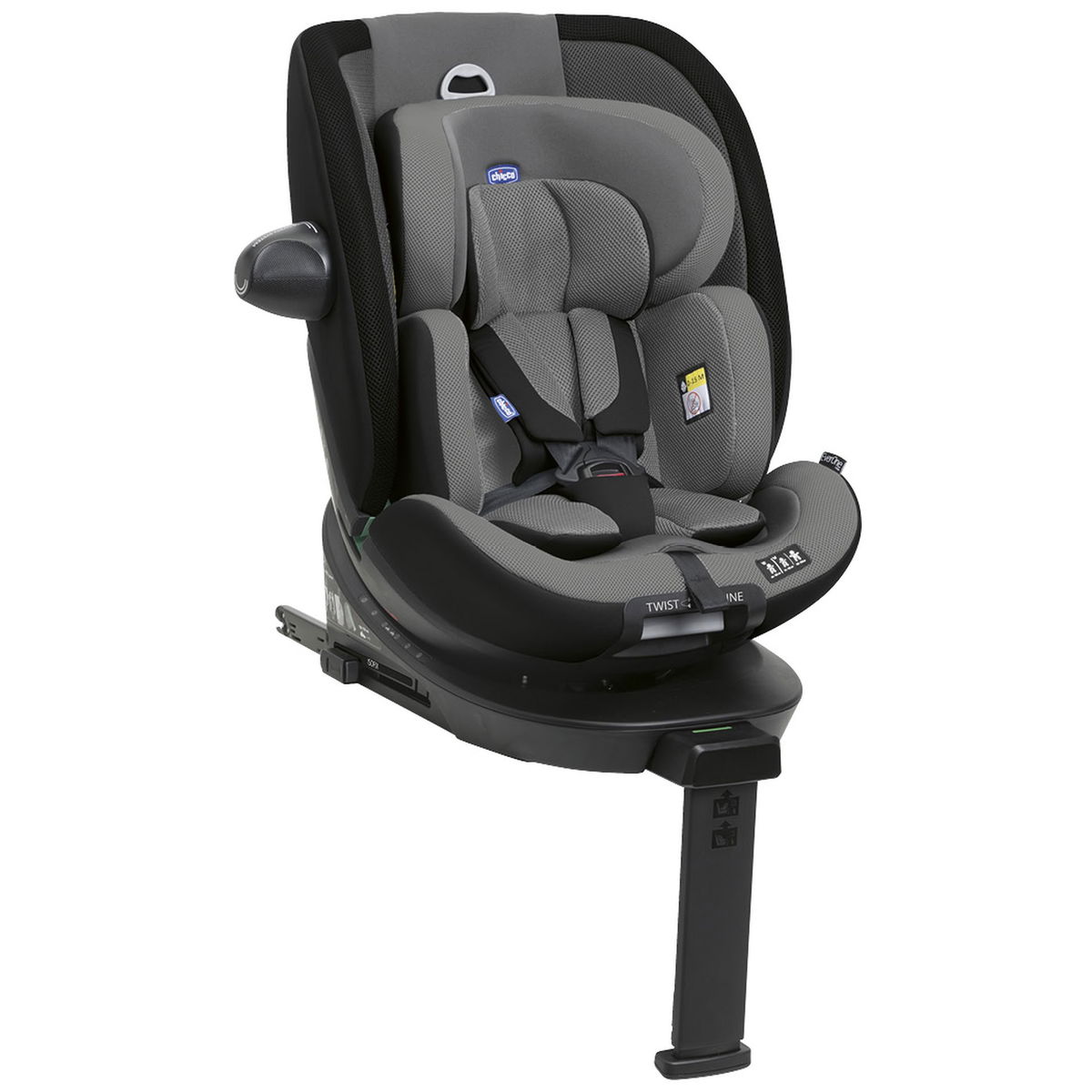 Grauer Kindersitz mit ISOFIX und St&uuml;tzfuss, frontal abgebild