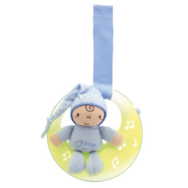 Runde Musikspieluhr mit Pl&uuml;sch-Baby in Blau und Befestigungs