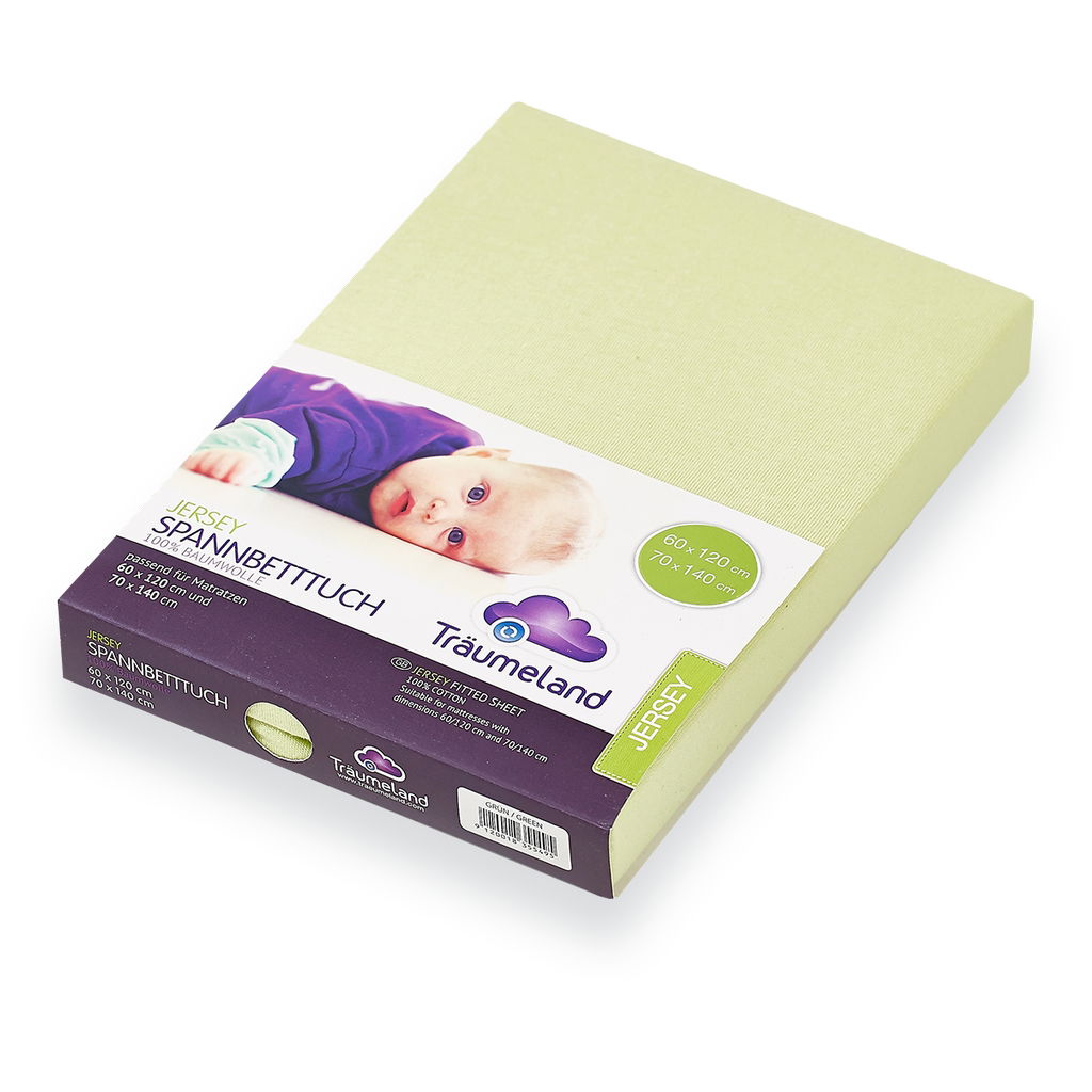 Verpacktes hellgr&uuml;nes Jersey Spannbetttuch f&uuml;r Babybett