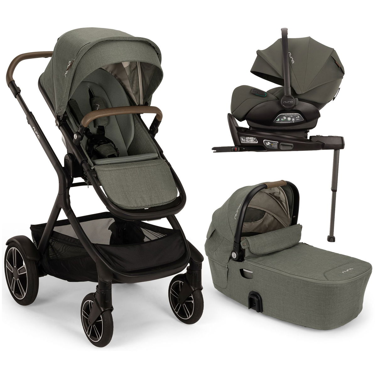 Abgebildet sind ein grüner Kinderwagen, eine Babywanne und e