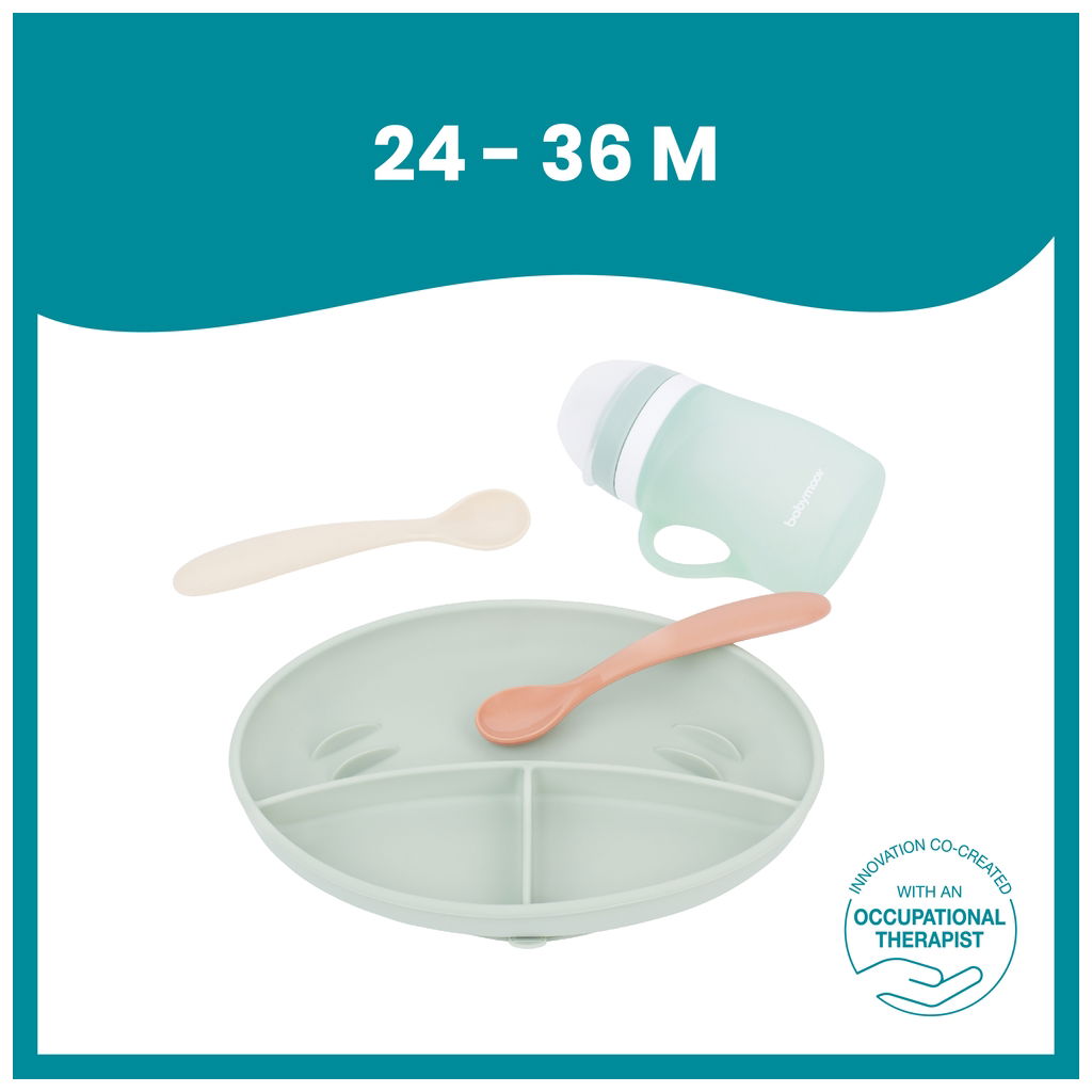 Babymoov Esslernset GROW'ISY Für Kinder 24-36 Monate - 4-teiliges Silikon-Set Mit Teller, Löffeln & Trinkbecher