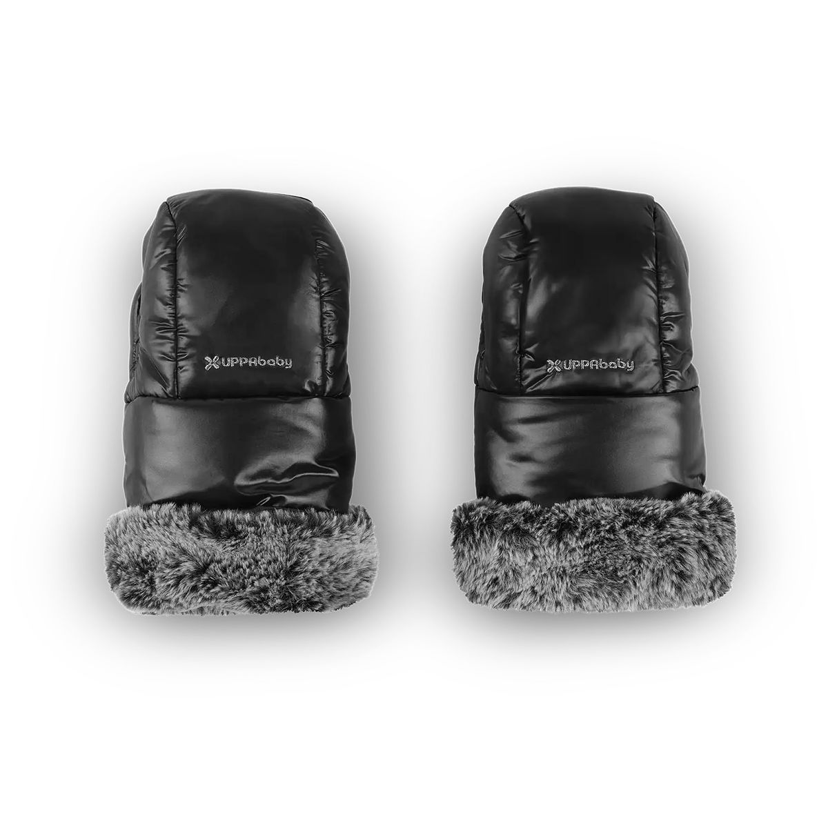 Zwei schwarze Handmuffs mit grauem Kunstfellrand
