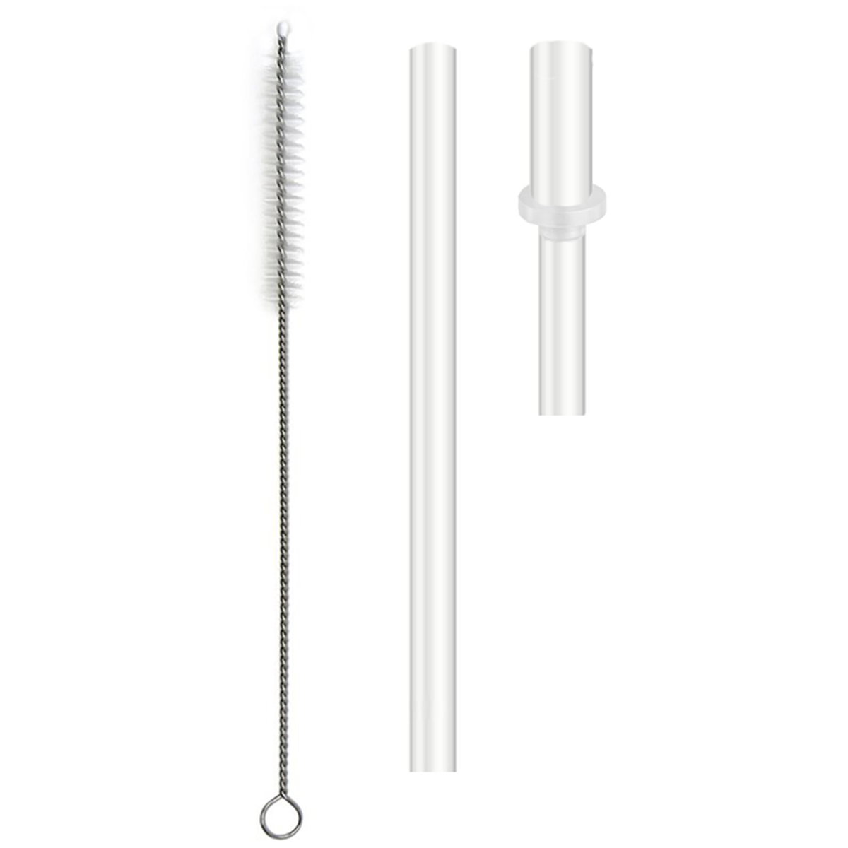 Auf dem Bild sind ein transparenter Trinkhalm mit abnehmbarem Silikonaufsatz und eine schmale Reinigungsbürste mit Metallgriff und Borsten zu sehen.