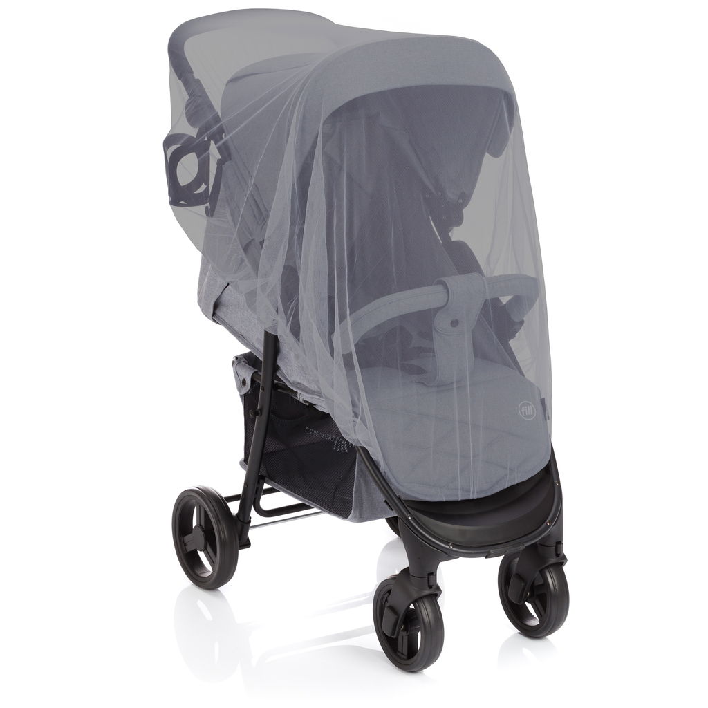 Grauer Kinderwagen mit gespanntem M&uuml;ckennetz