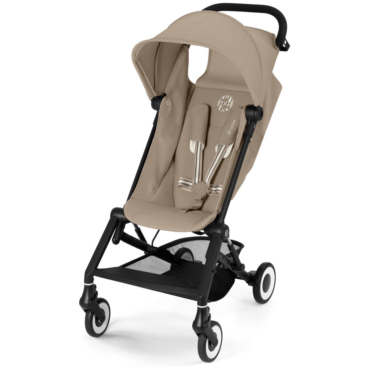 Beiger Buggy mit Sonnenverdeck und schwarzem Gestell auf wei