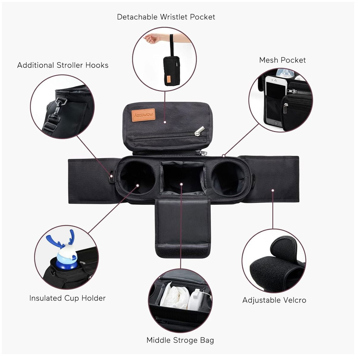 SUNVENO Organizer universale 2 in 1 per passeggino, portabicchieri isolati, tasca per telefono/polso con cerniera, tracolla laterale in rete, cinghie antiscivolo regolabili, si adatta alla maggior