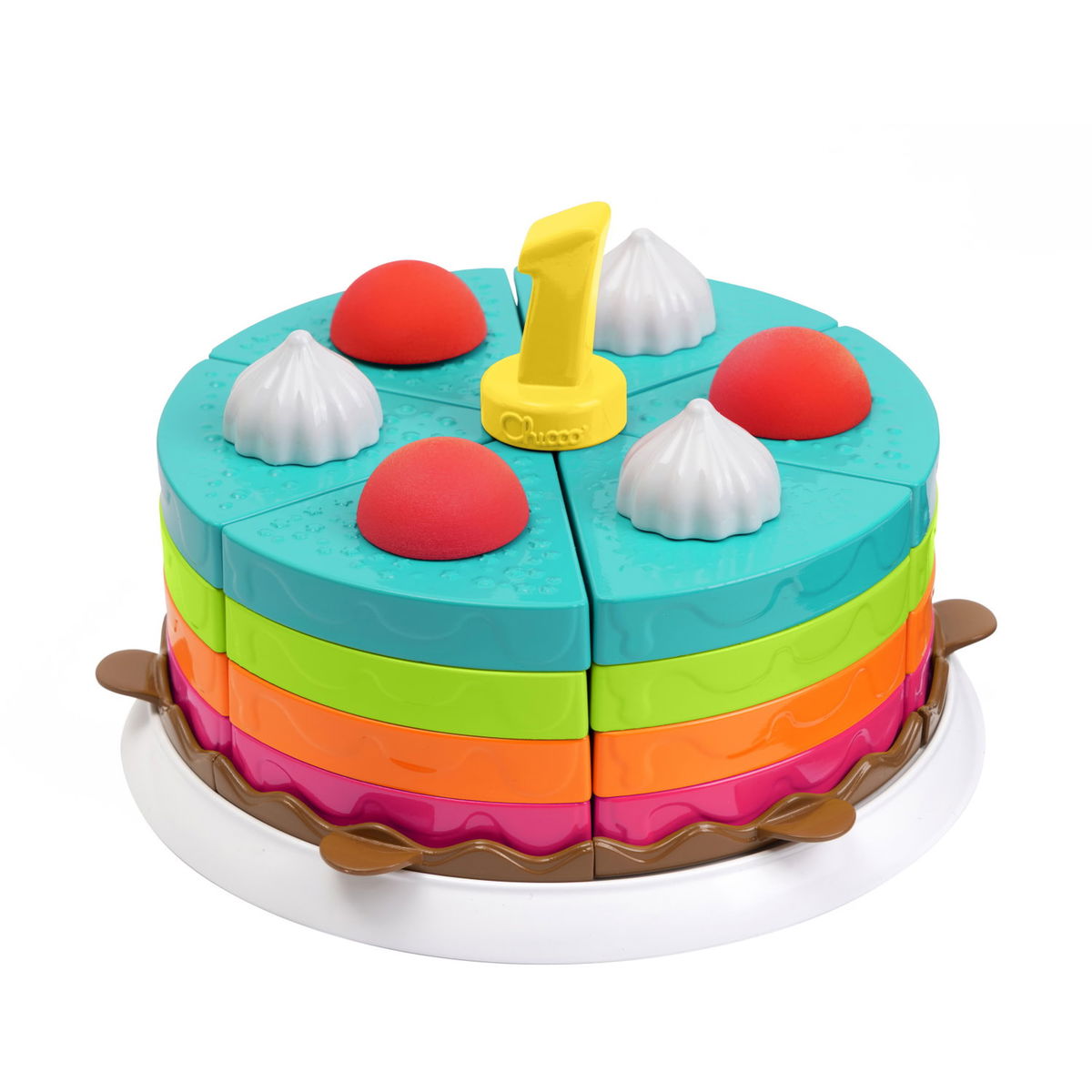 Runde, bunte Spielzeugtorte mit Zahl 1 und Dekoration