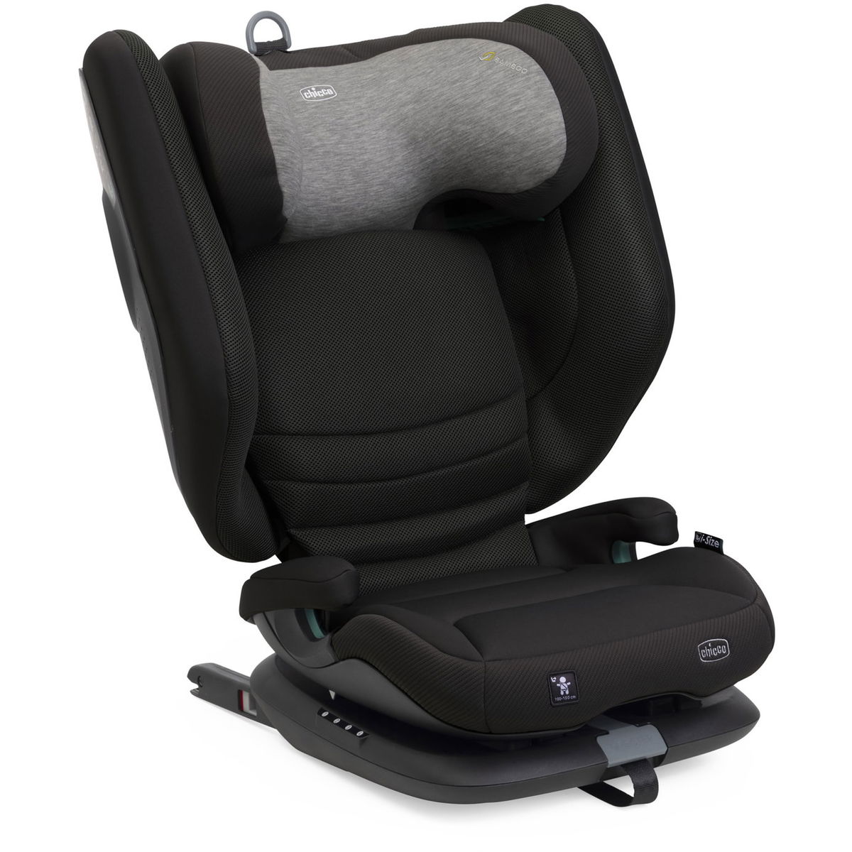 Schwarzer Kindersitz mit grauem Nackenkissen auf Base