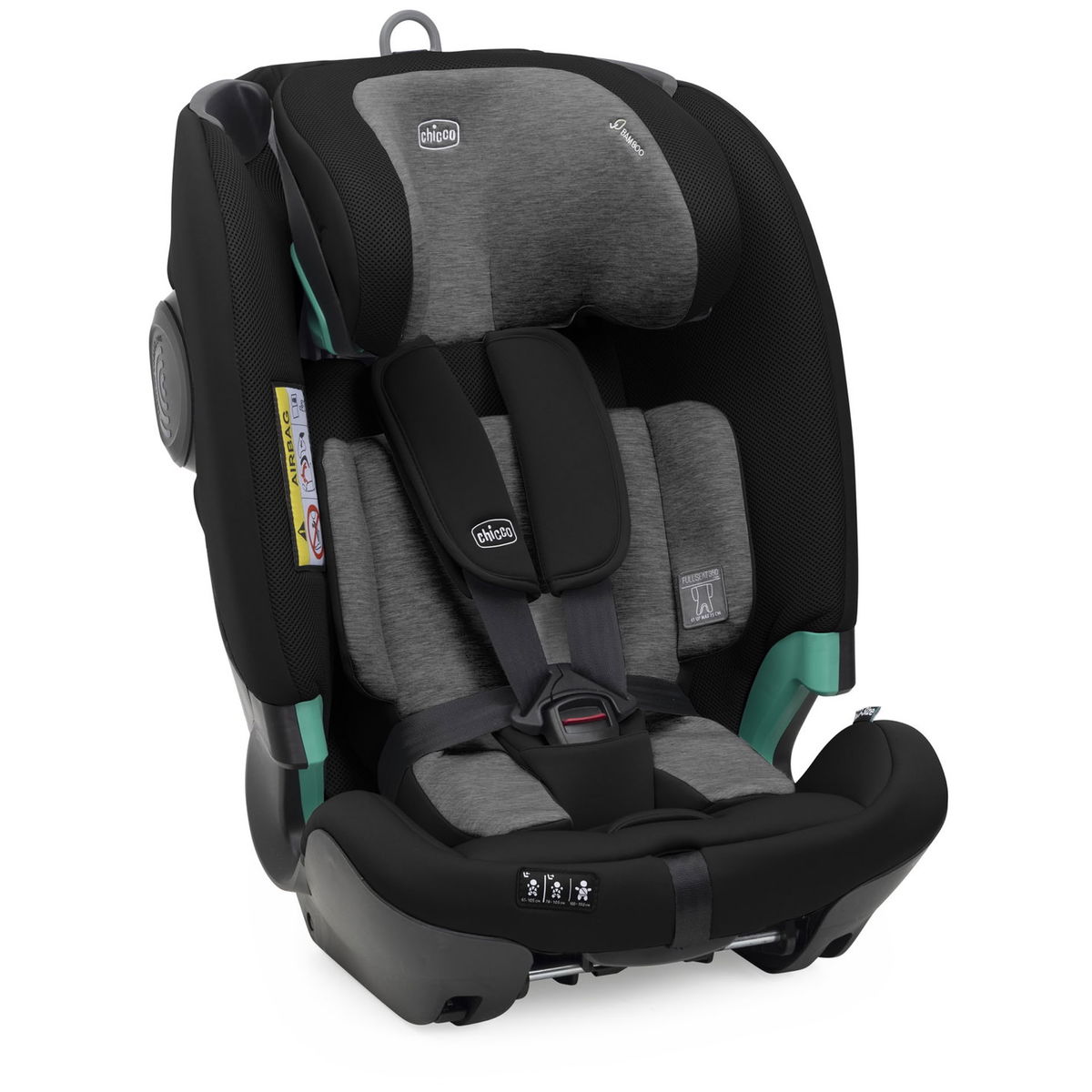 Schwarzer und grauer Kindersitz mit Gurt und Kopfstütze