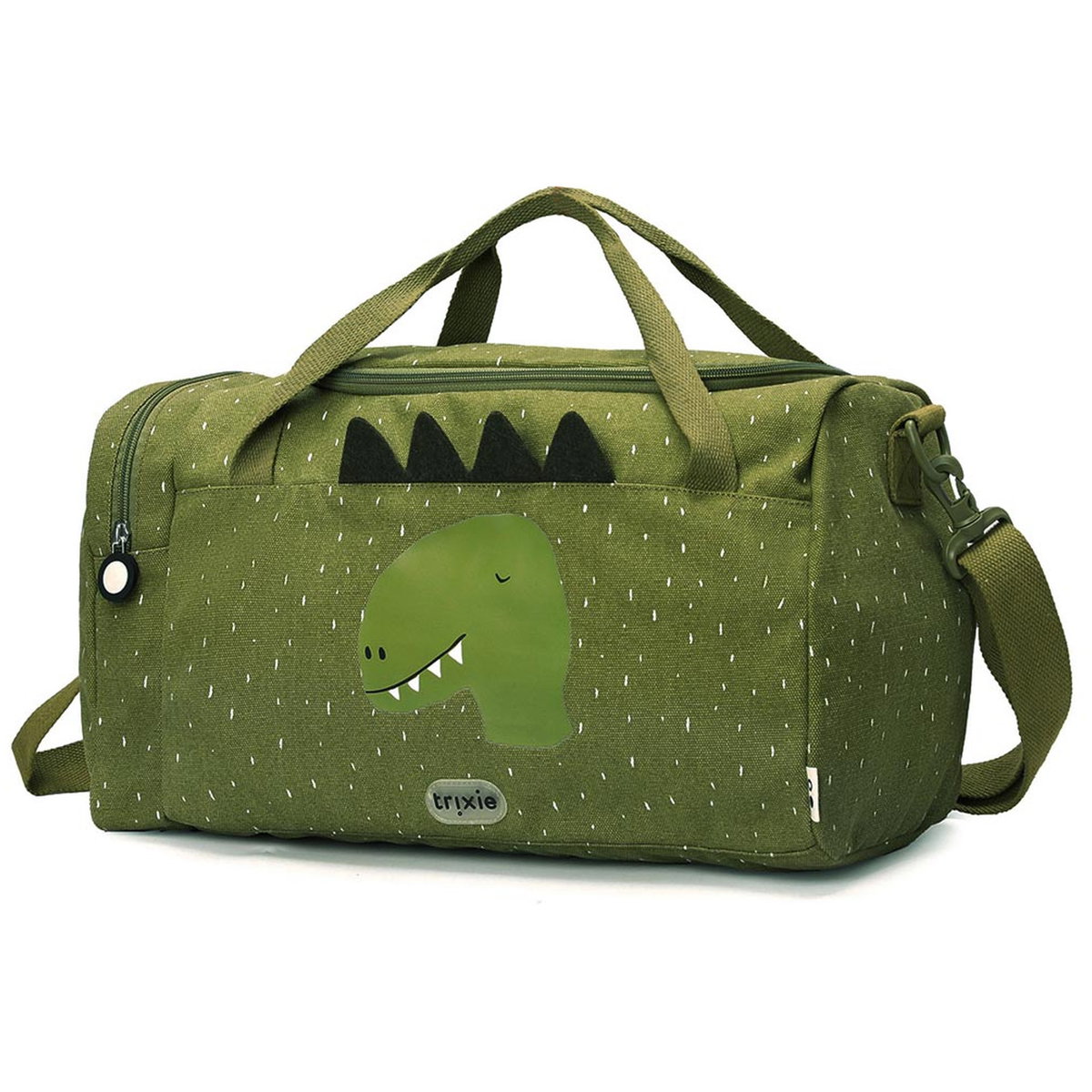 Auf dem Bild ist eine grüne Kindertasche mit Griffen und Schultergurt zu sehen. Die Tasche besitzt ein Dino-Motiv mit Zähnen und schwarzen Rückenschuppen sowie ein weisses Muster.