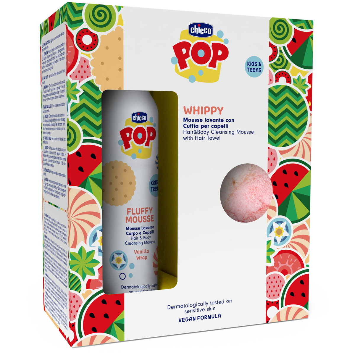 Verpackung des Chicco POP Fluffy Mousse Sets mit 2in1 Mousse f&uuml;r K&ouml;rper und Haare sowie einem weichen Haarhandtuch, sichtbar durch Sichtfenster, buntes Design f&uuml;r Kinder